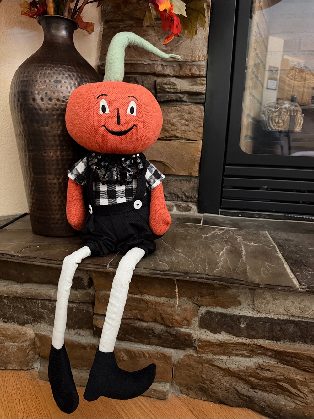 Smiling Orange Pumpkin Holiday Doll Decor with Black & White Outfit